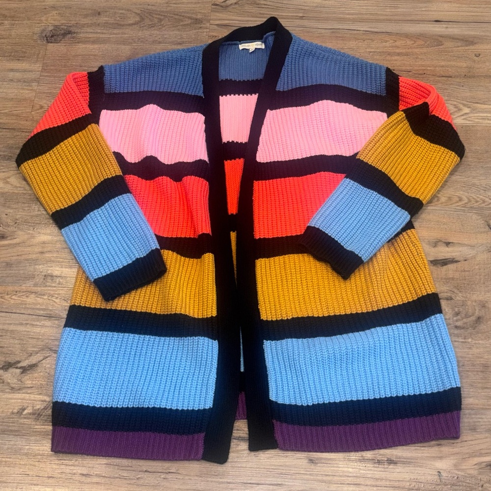 Woven Heart Colorblock Striped Duster Cardigan Long Knit Cotton Pink BlueLayer L